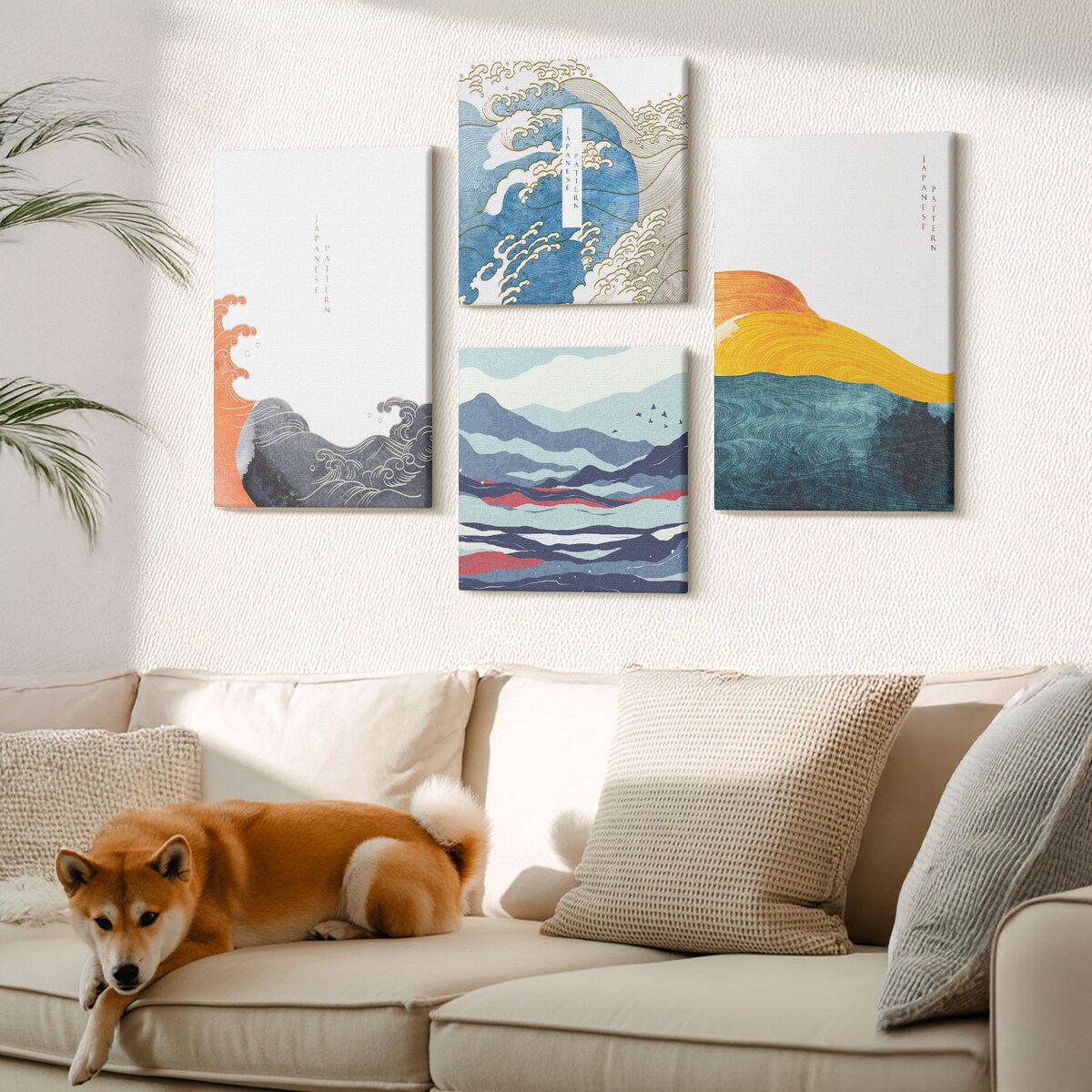 Zestaw 4 obrazów na płótnie - Fale sztuka japońska grafika - niebieski