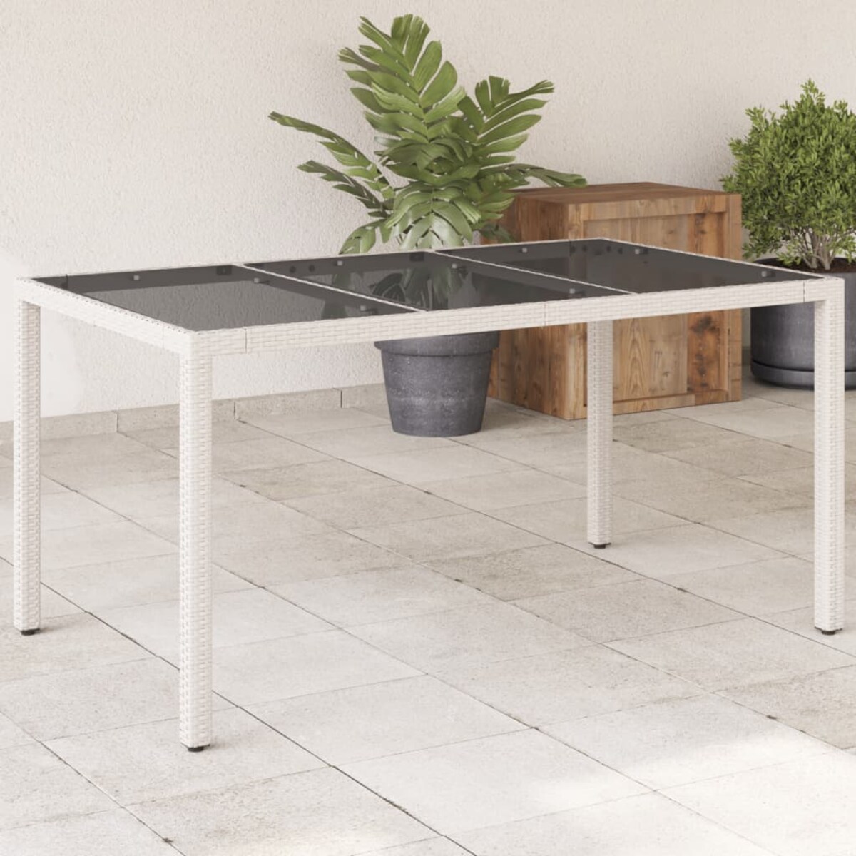 vidaXL Stół ogrodowy ze szklanym blatem, biały, 150x90x75 cm rattan PE