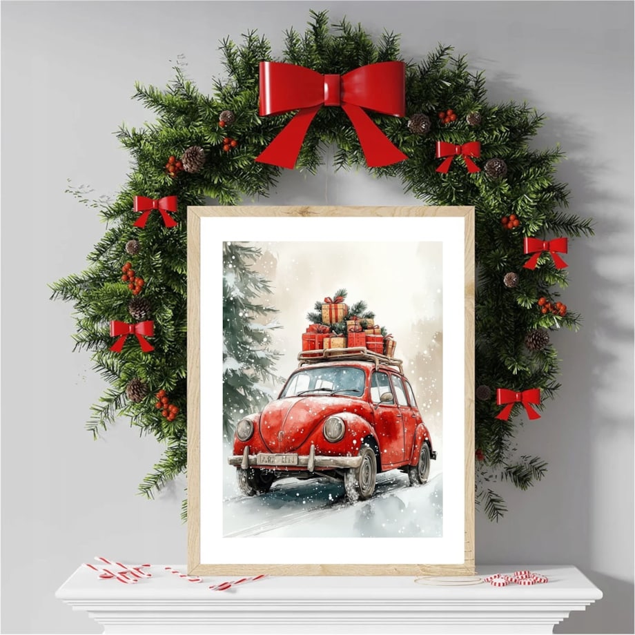 Poster Story, Plakat, Obraz - Świąteczna Podróż Czerwonym Garbusem z Prezentami, wymiary 50 x 70 cm