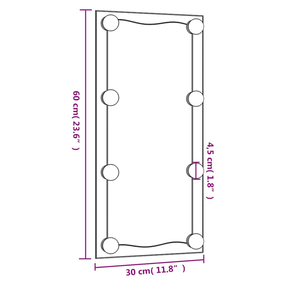 vidaXL Lustro ścienne z LED, 30x60 cm, szklane, prostokątne
