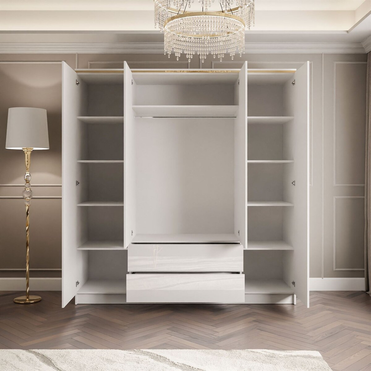 Szafa uchylna AURORA 4D2S z szufladami w białym połysku z lustrem