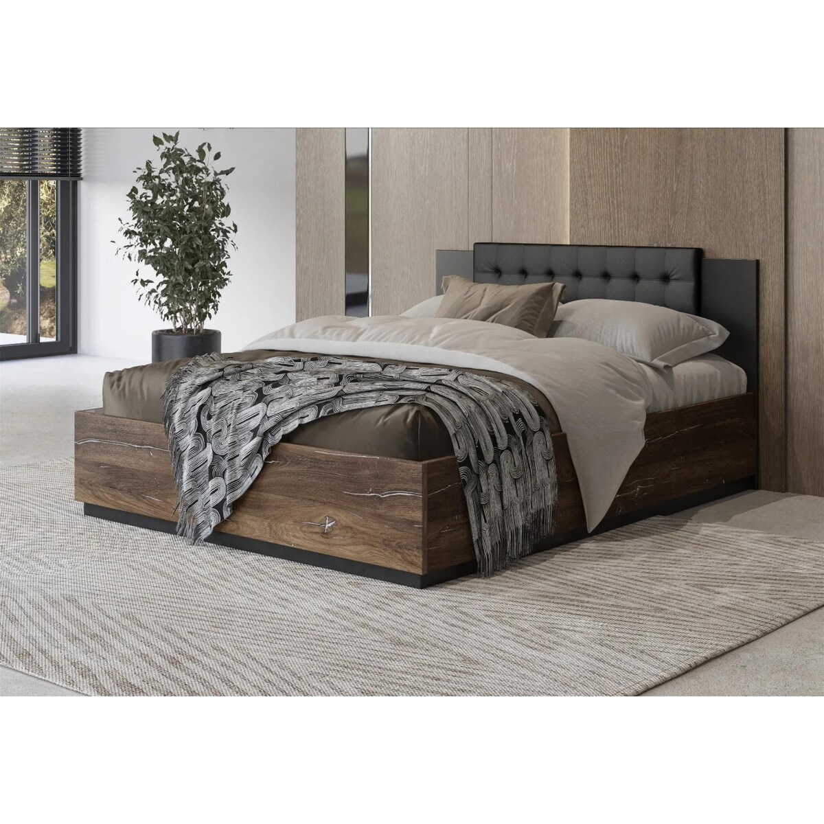 Łóżko SIGMA 140x200 dąb flagstaff srebrny/czarny mat z pojemnikiem