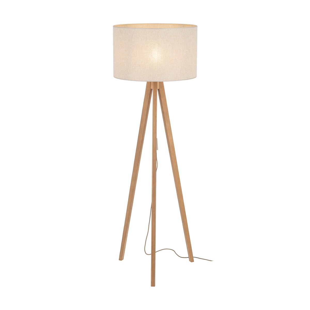Lampa Podłogowa Drewniana Viga Shade Sosna Trójnóg Lniany Abażur