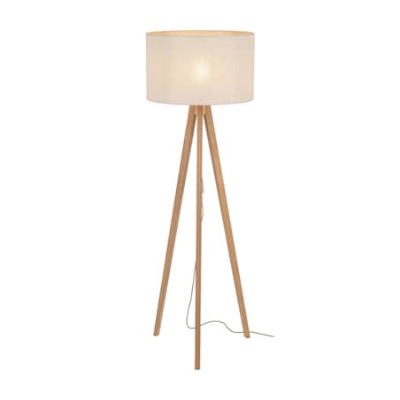 Lampa Podłogowa Drewniana Viga Shade Sosna Trójnóg Lniany Abażur