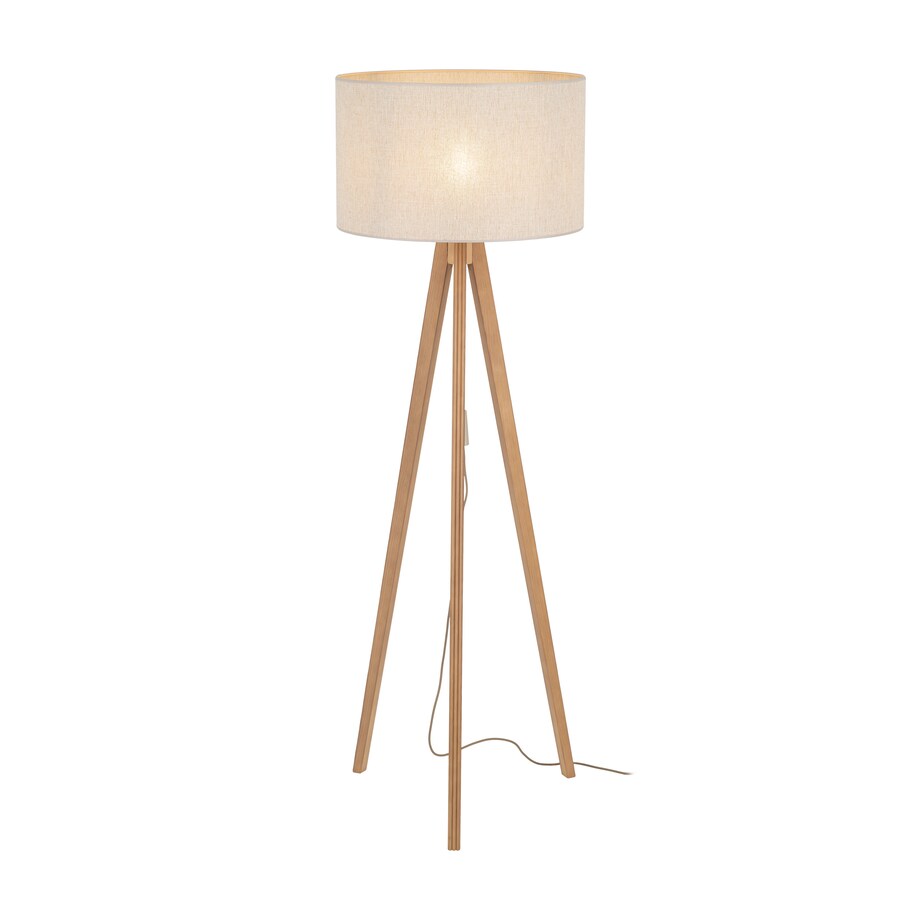 Lampa Podłogowa Drewniana Viga Shade Sosna Trójnóg Lniany Abażur