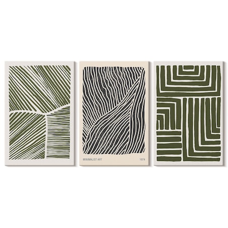 Zestaw 3 dużych obrazów na płótnie - Wzory linii kształty zieleń boho - zielony