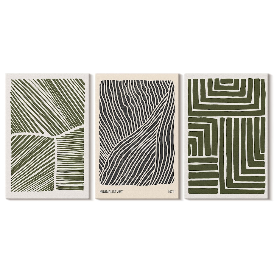 Zestaw 3 dużych obrazów na płótnie - Wzory linii kształty zieleń boho - zielony