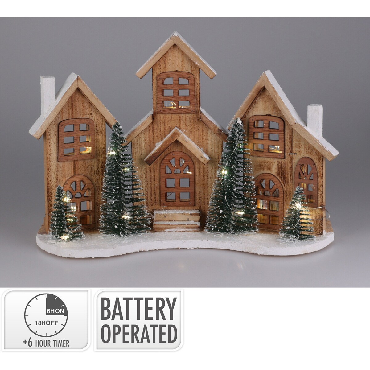 Figurka z drewna jodłowego z LED Domki, 38 x 27 cm