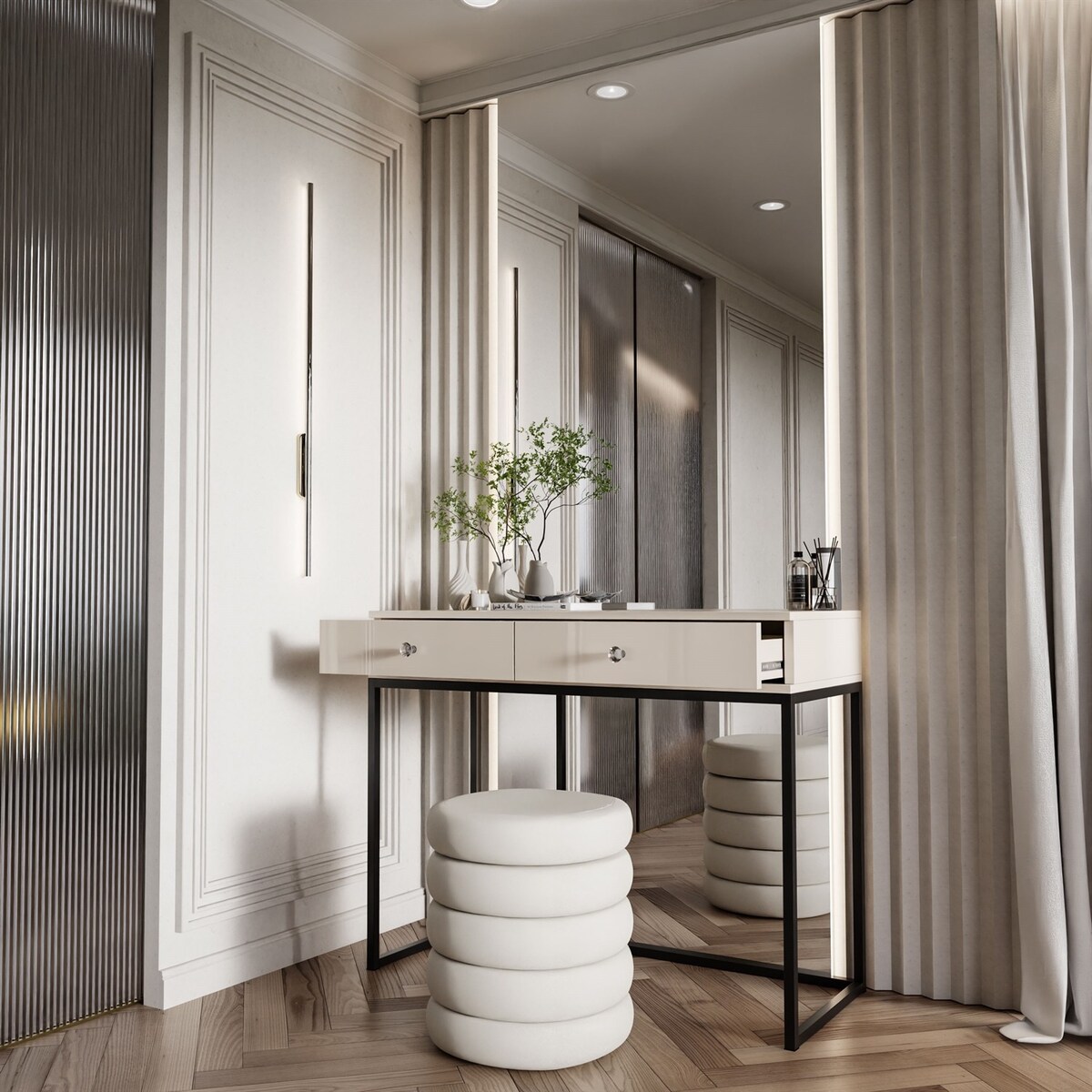 Konsola BLANCO GLAMOUR kaszmir na stelażu czarnym, uchwyt biały kryształ