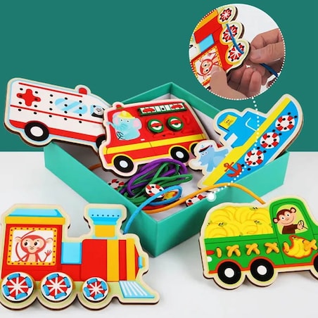 Puzzle drewniane Montessori - sznurówki - nauka wiązania Pojazdy