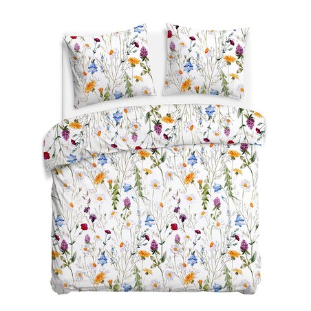 Pościel satyna bawełniana 220x200 Floria biała w kolorowe polne kwiaty, Satynlove
