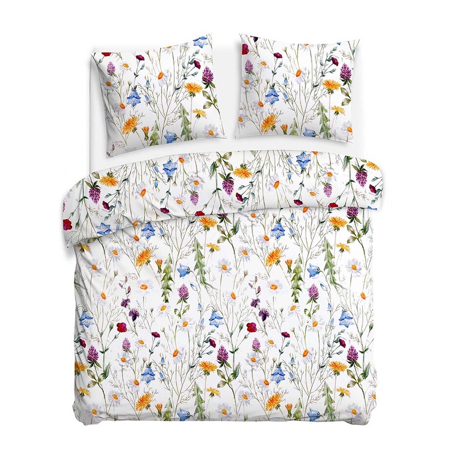 Pościel satyna bawełniana 220x200 Floria biała w kolorowe polne kwiaty, Satynlove