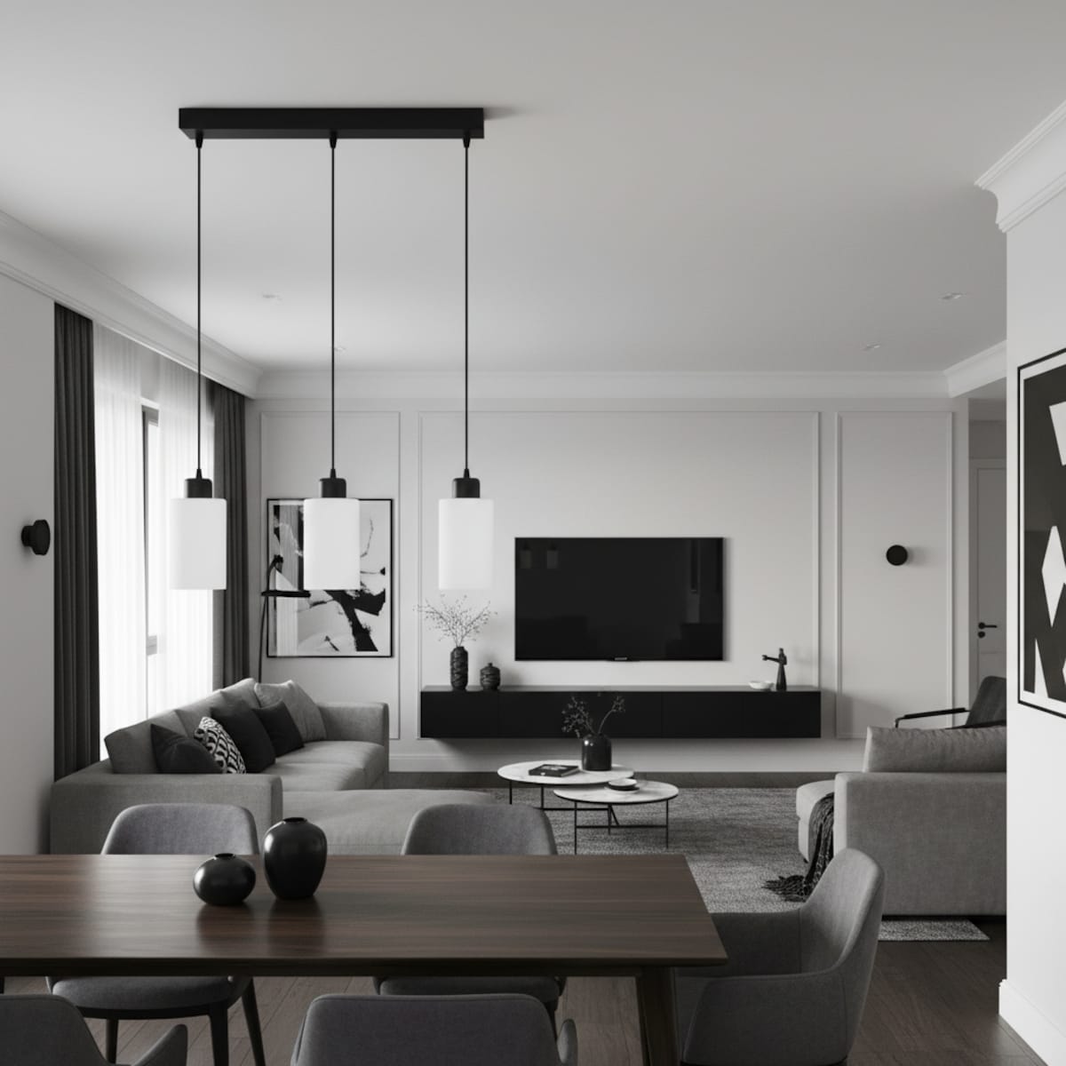 lampa wisząca 3 punktowa edylit czarna z białym kloszem
