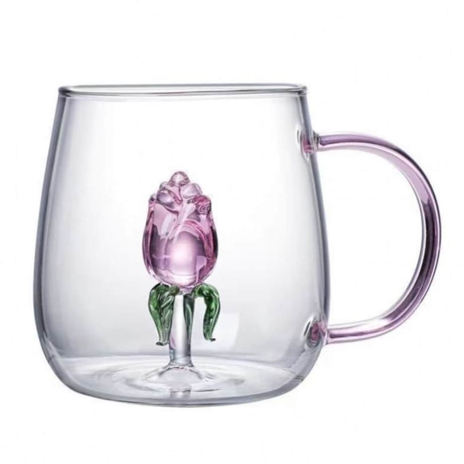 Szklanka ze szklanym tulipanem w środku, różowa rączka 400ml - SZK129