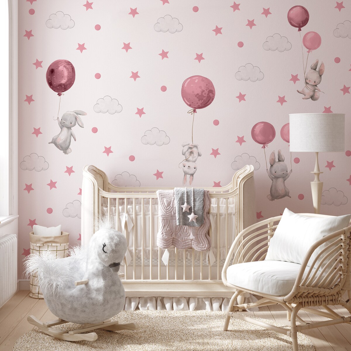Naklejki Ścienne Dla Dzieci Króliczki Różowe Balony Chmurki Kropki ZESTAW 60x30cm