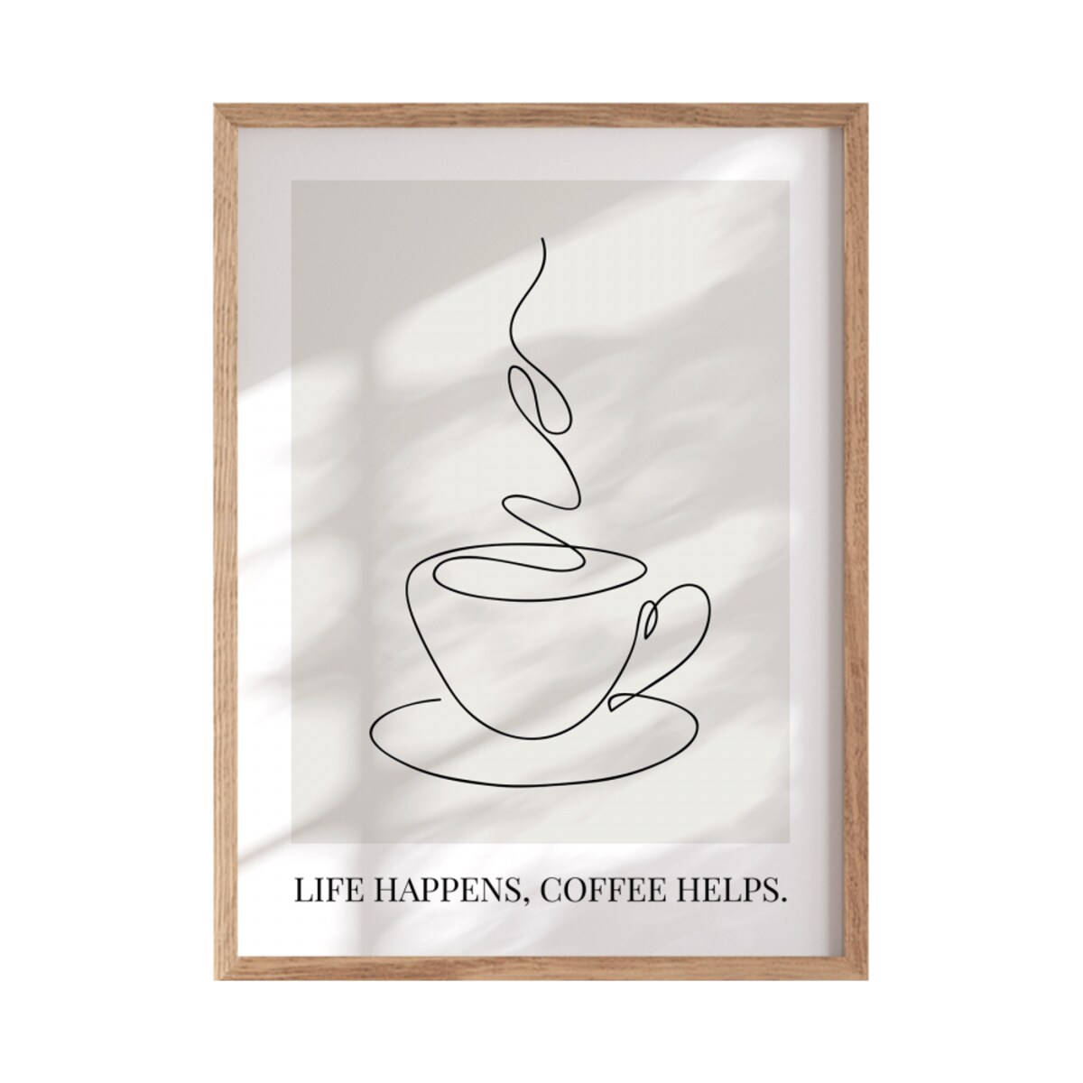 Plakat Life happens, coffee helps rozmiar 30x40cm w ramie drewnianej Oak