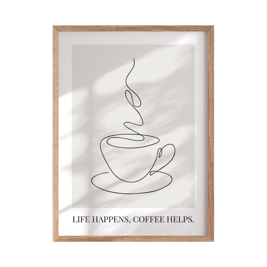 Plakat Life happens, coffee helps rozmiar 30x40cm w ramie drewnianej Oak