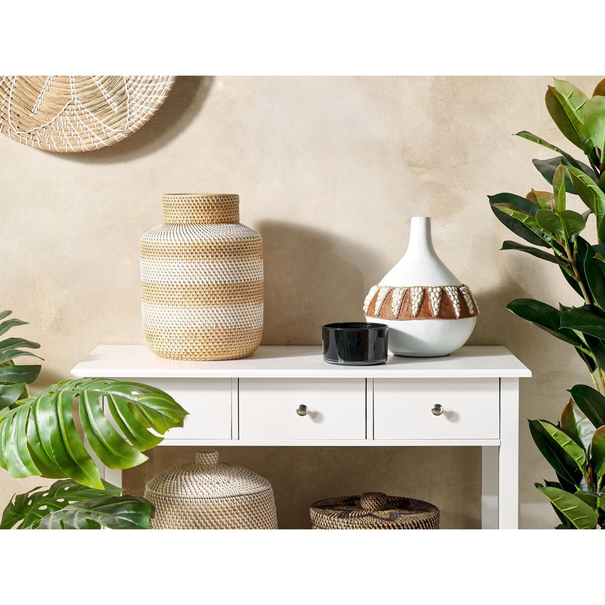 Wazon dekoracyjny rattanowy 36 cm biało-beżowy RENUN