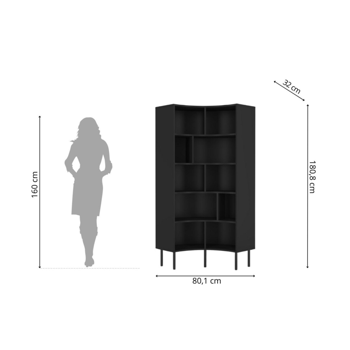 Nowoczesny narożny regał na książki Skandica HORN z czarnymi nogami / czarny / szer. 80 cm