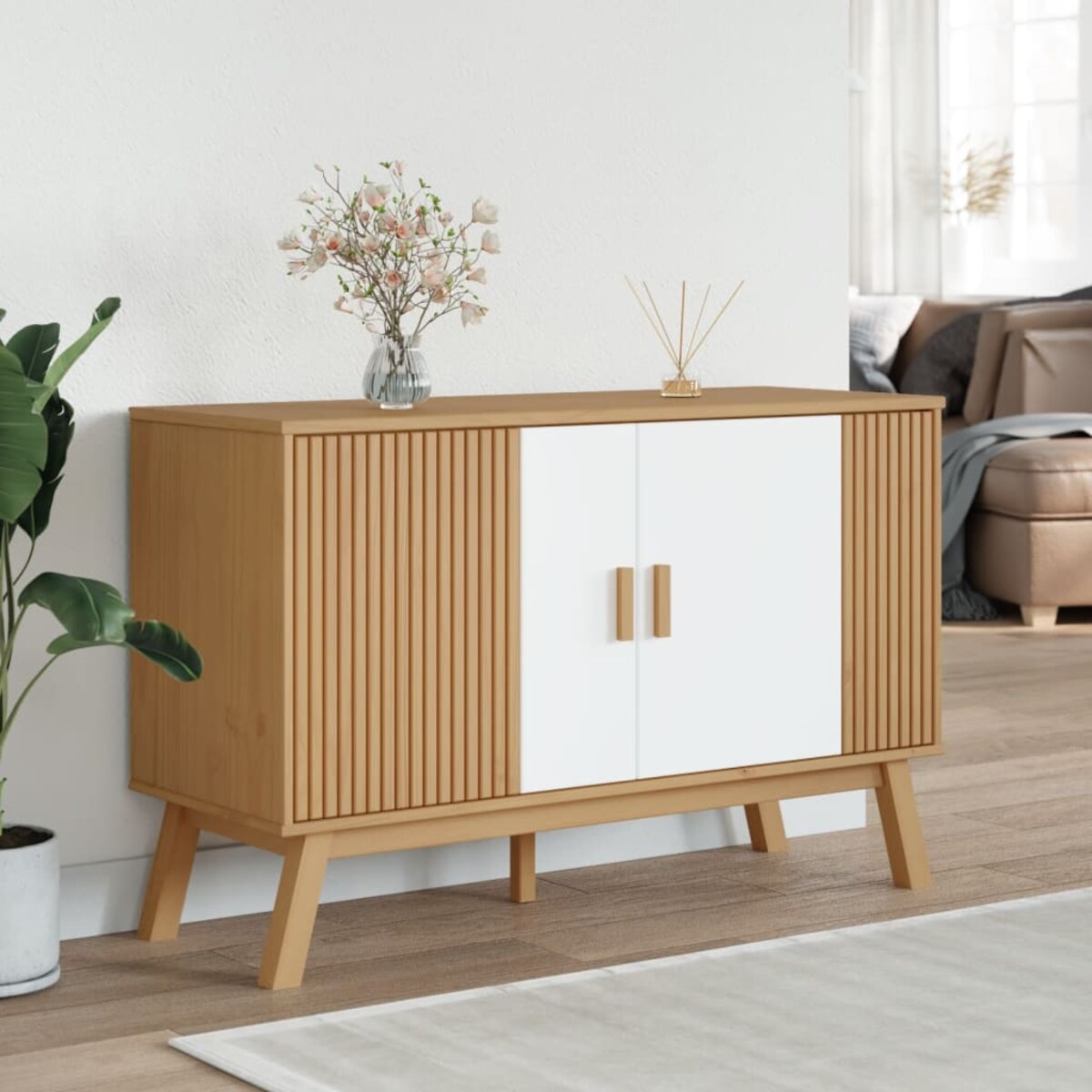 vidaXL Komoda OLDEN, biało-brązowa, 114x43x73,5cm, lite drewno sosnowe