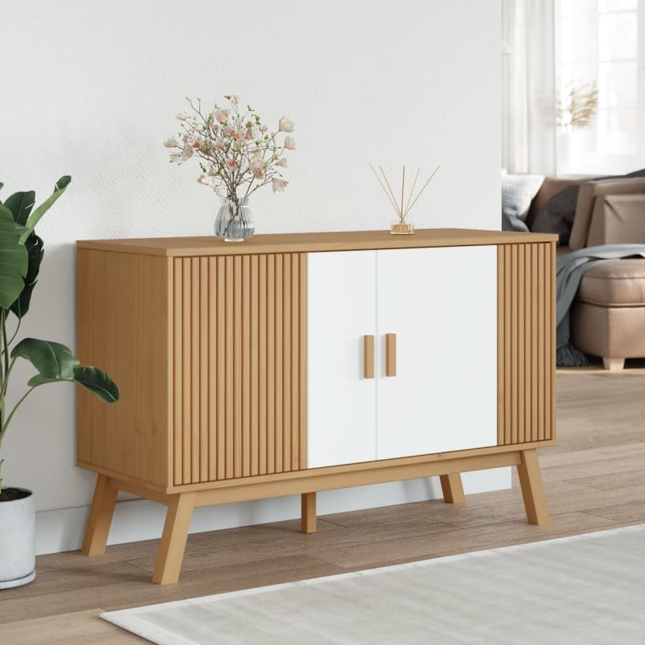 vidaXL Komoda OLDEN, biało-brązowa, 114x43x73,5cm, lite drewno sosnowe