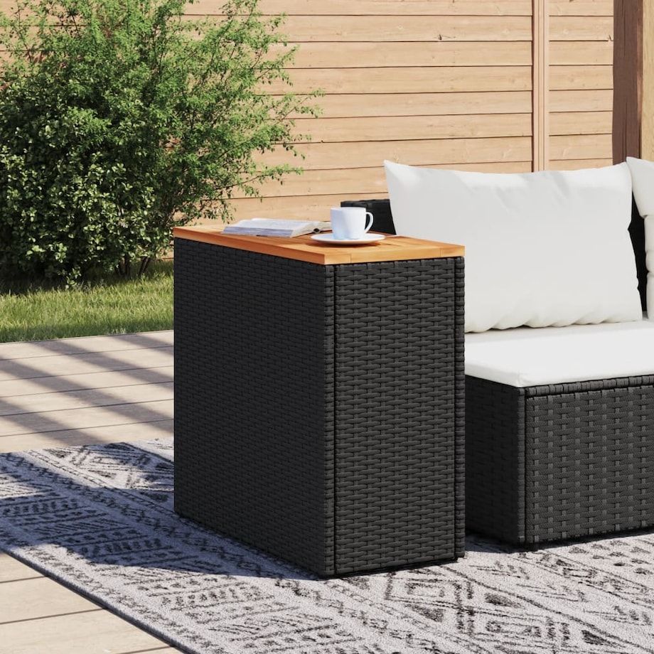 vidaXL Stolik ogrodowy z drewnianym blatem, czarny, 58x27,5x55 cm