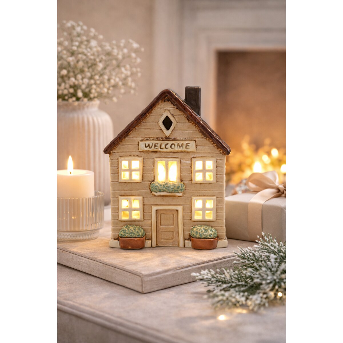 Ceramiczny domek na tea-lighty 18x14x8,5 cm SONAM beżowy Welcome
