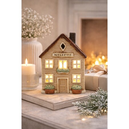 Ceramiczny domek na tea-lighty 18x14x8,5 cm SONAM beżowy Welcome