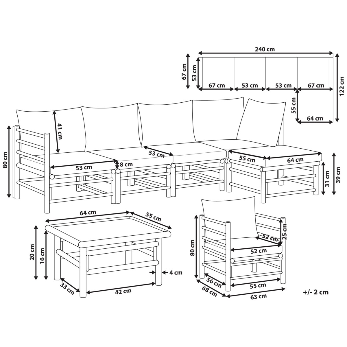 Zestaw ogrodowy ze stolikiem dla 6 osób CERRETO Lewostronny Drewno bambusowe Złamana biel