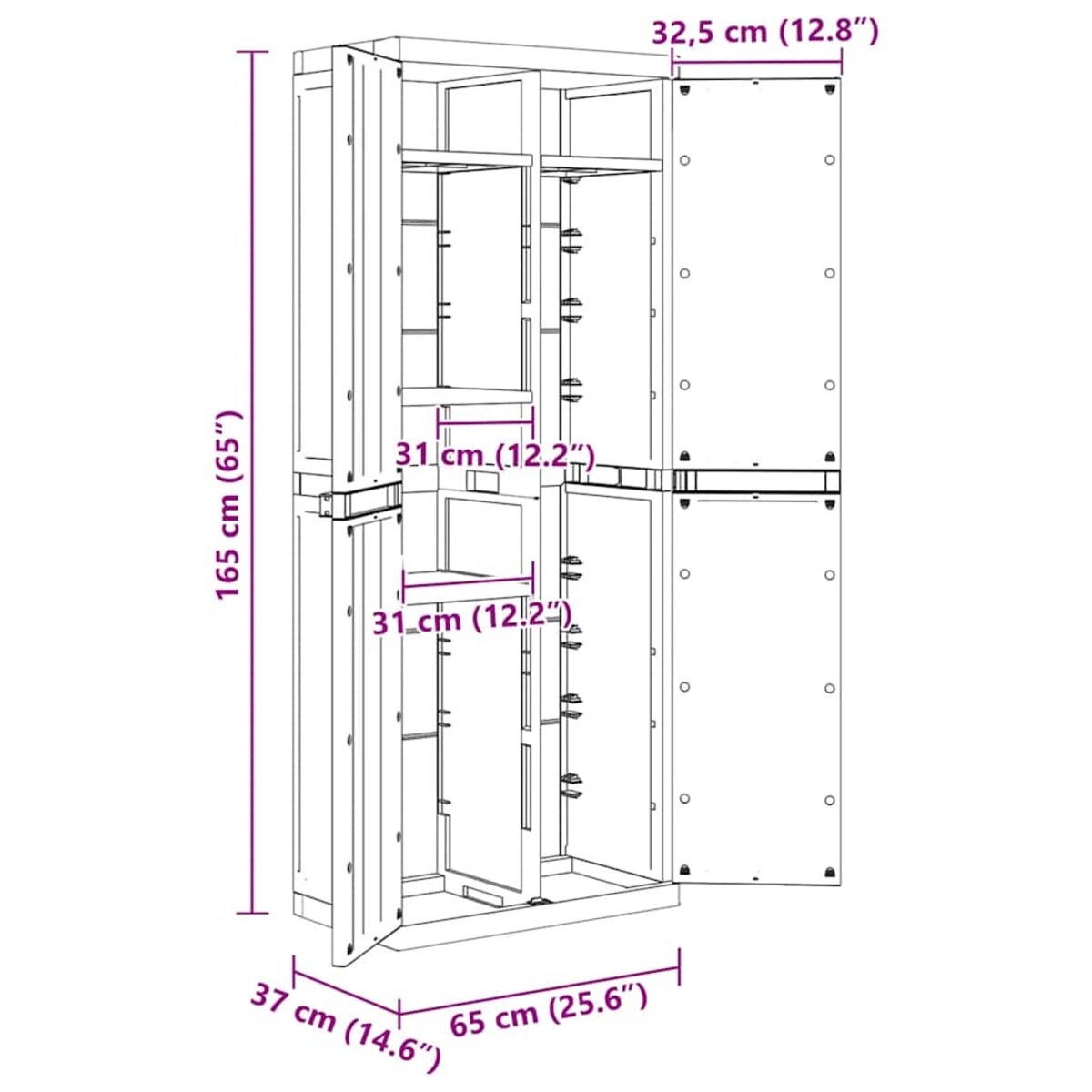 vidaXL Szafka ogrodowa, czarna, 65x37x165 cm, PP