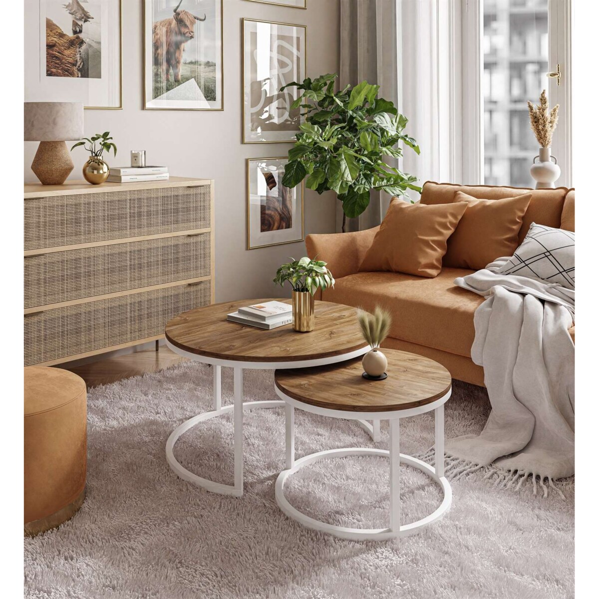 Okrągły stolik kawowy CIRI 2w1 biały dąb stirling