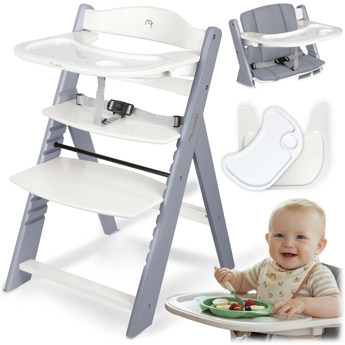 Drewniane krzesełko do karmienia Nukido tacka solidne regulowane pasy 703001