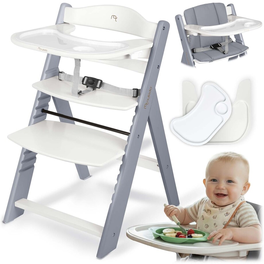 Drewniane krzesełko do karmienia Nukido tacka solidne regulowane pasy 703001