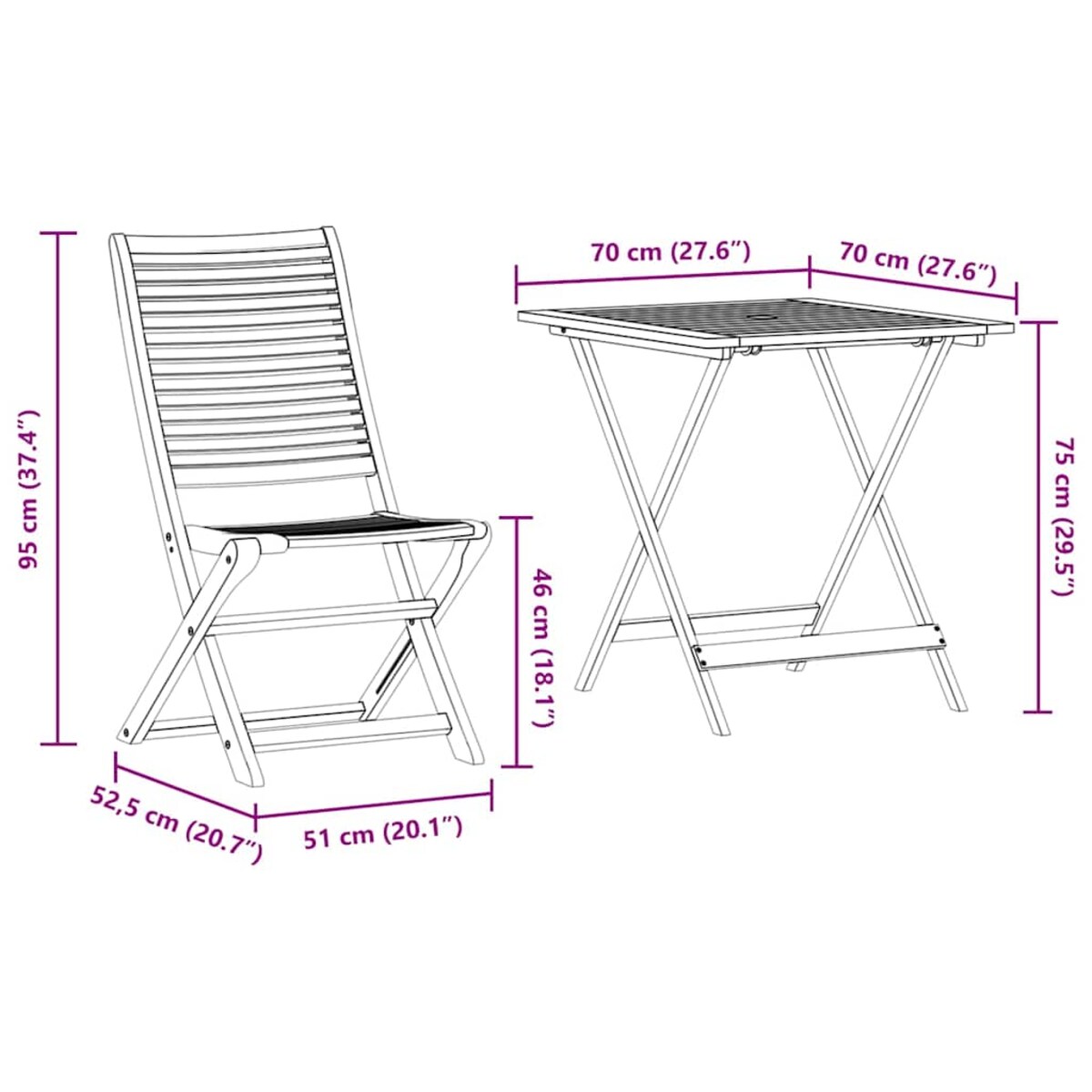 vidaXL Składany zestaw bistro 3 pcs Brązowy lite drewno akacjowe
