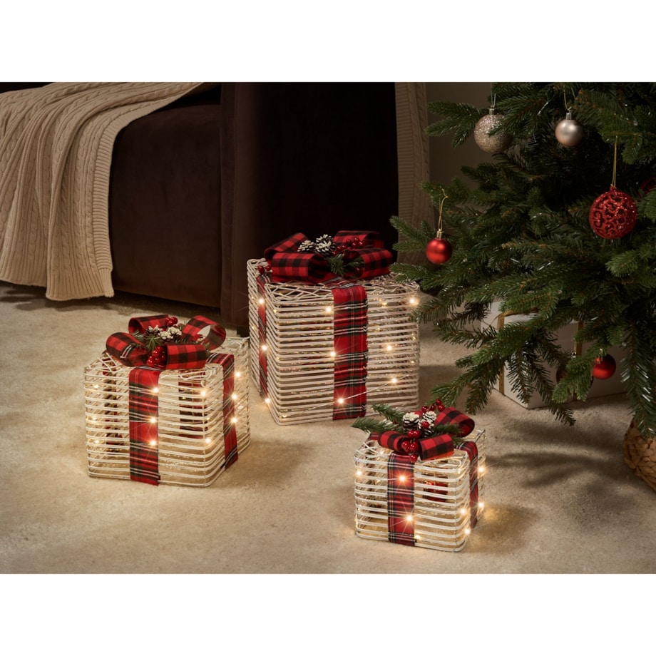 Zestaw 3 dekoracji świątecznych LED MANGEN Prezenty świąteczne 20/25/35 cm Złamana biel