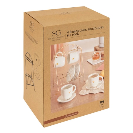 Zestaw do kawy: 4 porcelanowe kubki i spodki, na stojaku FLORAL, 170 ml
