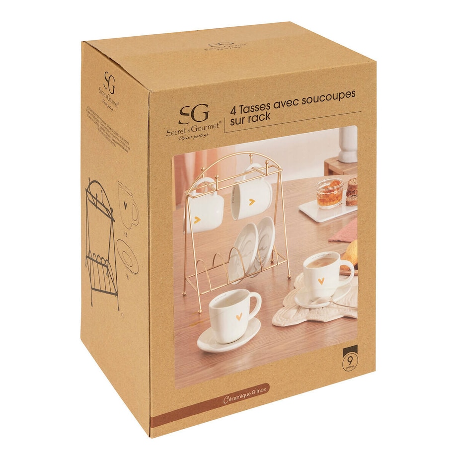 Zestaw do kawy: 4 porcelanowe kubki i spodki, na stojaku FLORAL, 170 ml