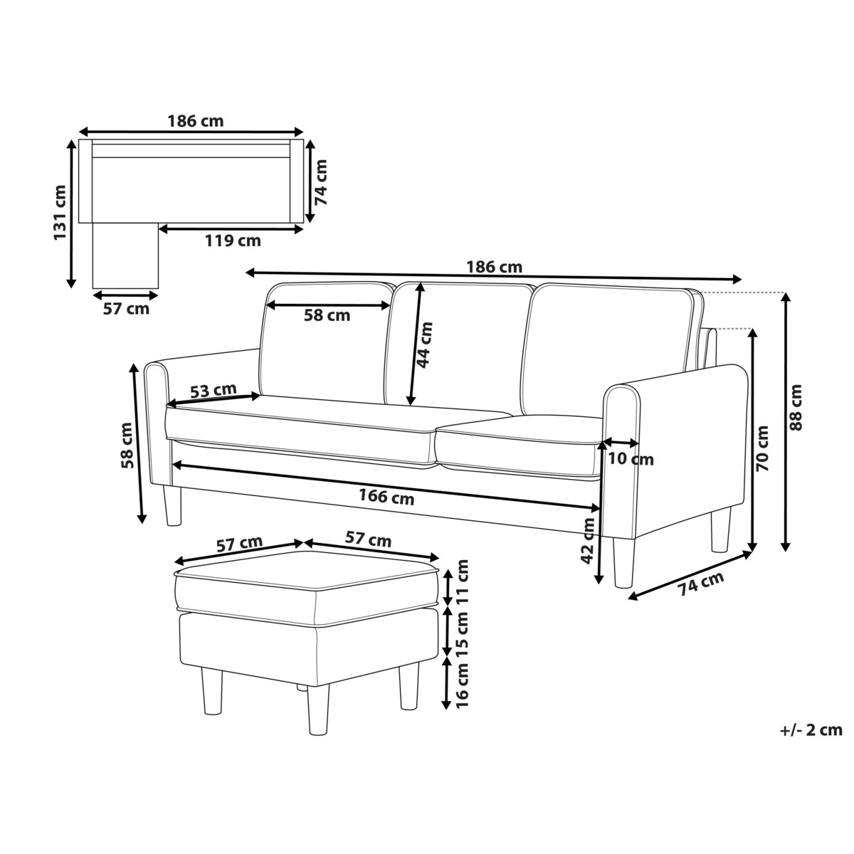 Sofa dla 3 osób AVESTA Burgundowy z otomaną
