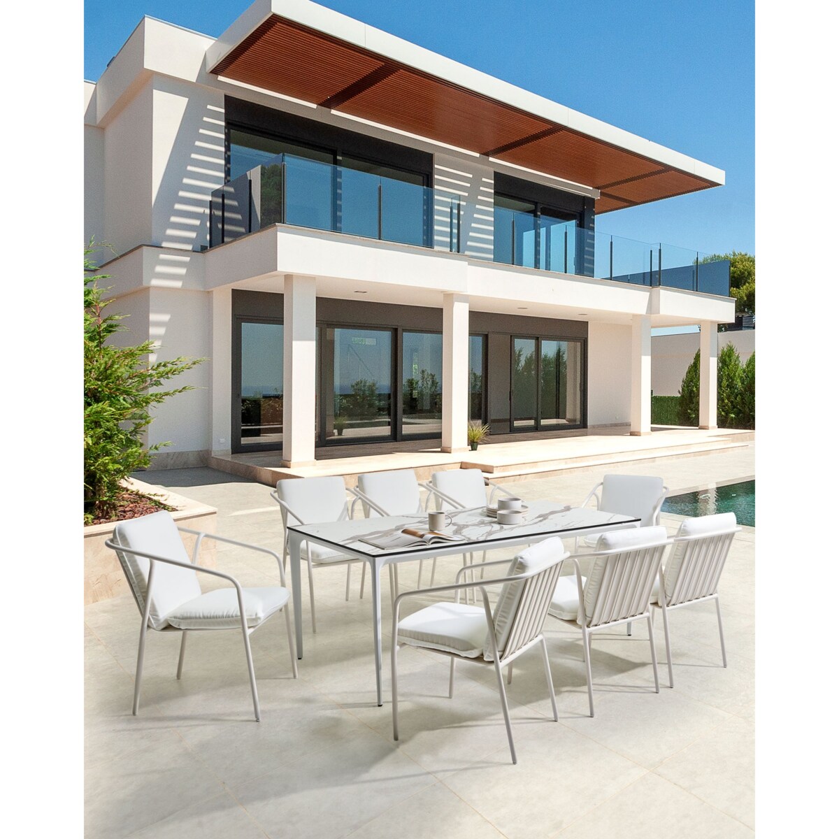 Zestaw 8 krzeseł ogrodowych z poduszkami ASCIANO Metal Biały