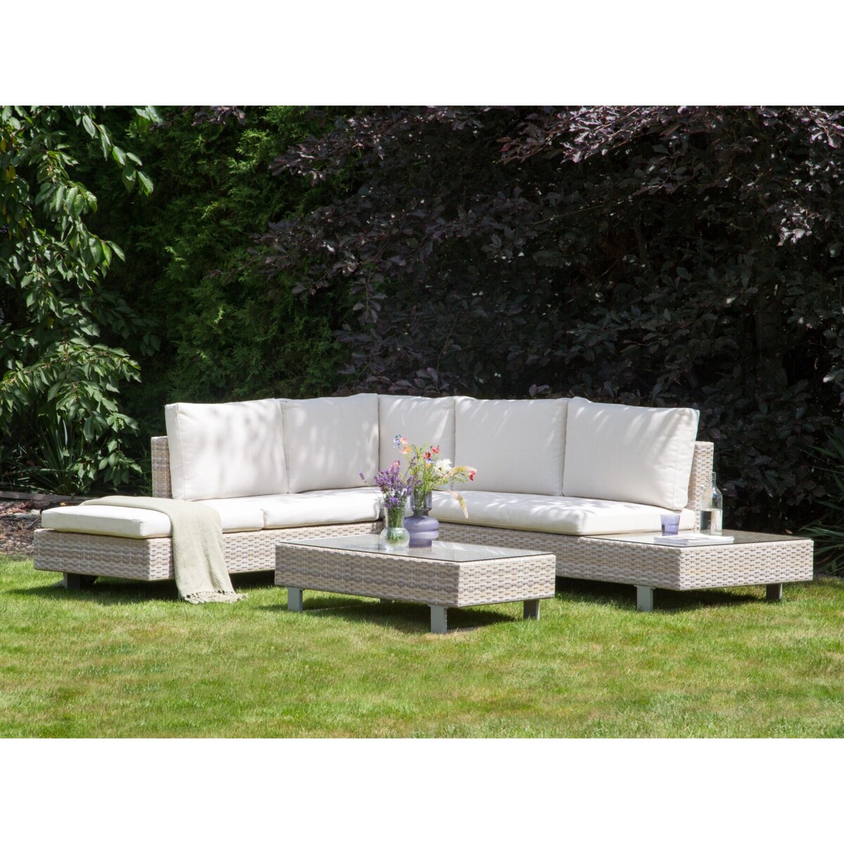 Narożnik ogrodowy ze stolikiem dla 5 osób LANCIANO Prawostronny Technorattan Złamana biel