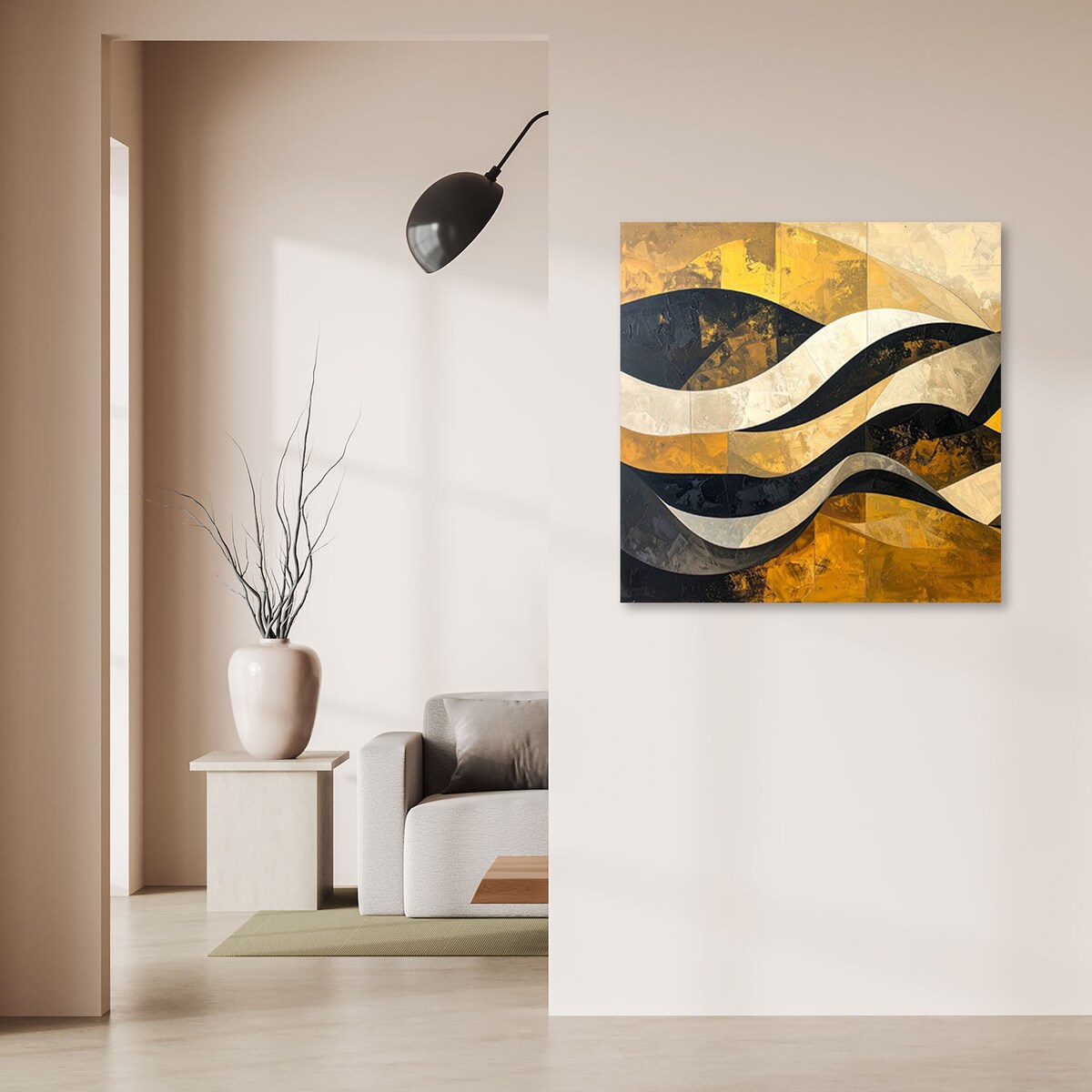 Obraz do salonu sypialni biura loftu, Abstrakcja linie kształty zółty czarny złoty 40x40cm