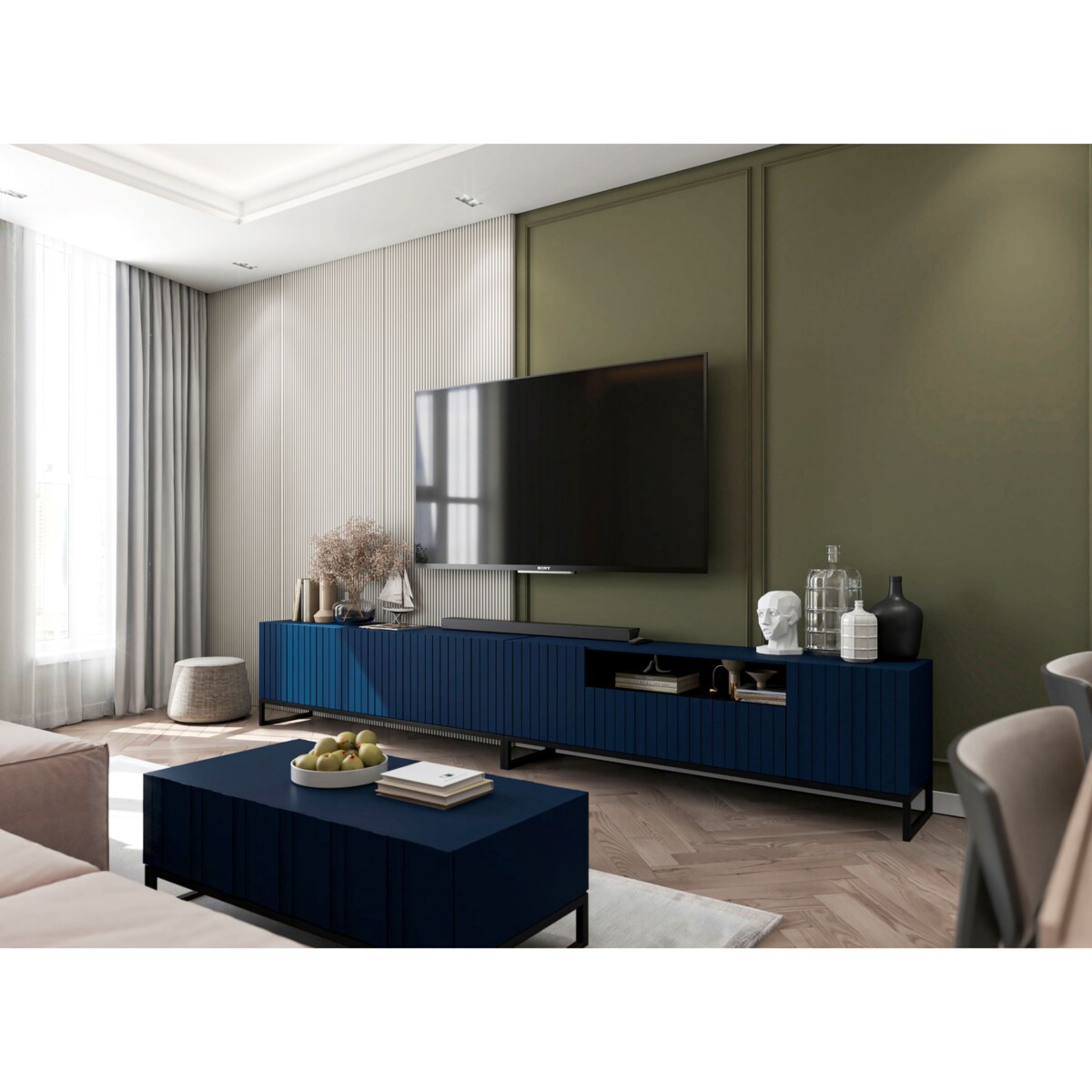 Szafka RTV Glamour Granatowy Mat Komoda RTV Loft Rama Czarna 150 cm Ryflowane fronty