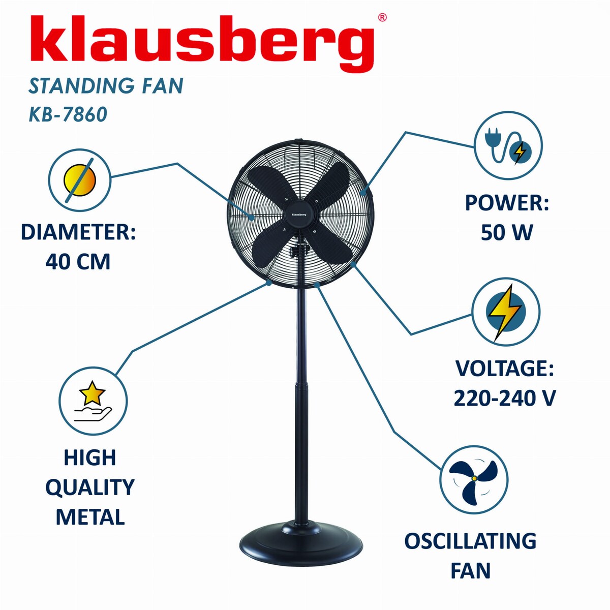 Wentylator stojący podłogowy 40cm 50W metalowy czarny KLAUSBERG