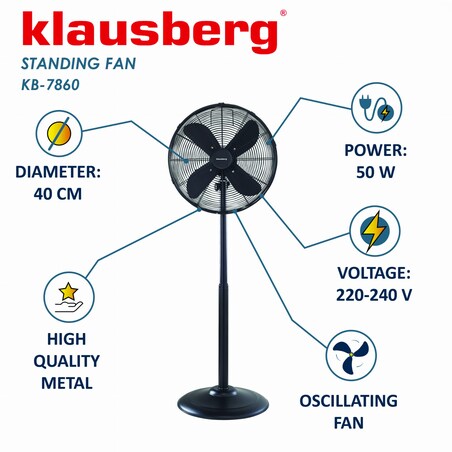 Wentylator stojący podłogowy 40cm 50W metalowy czarny KLAUSBERG