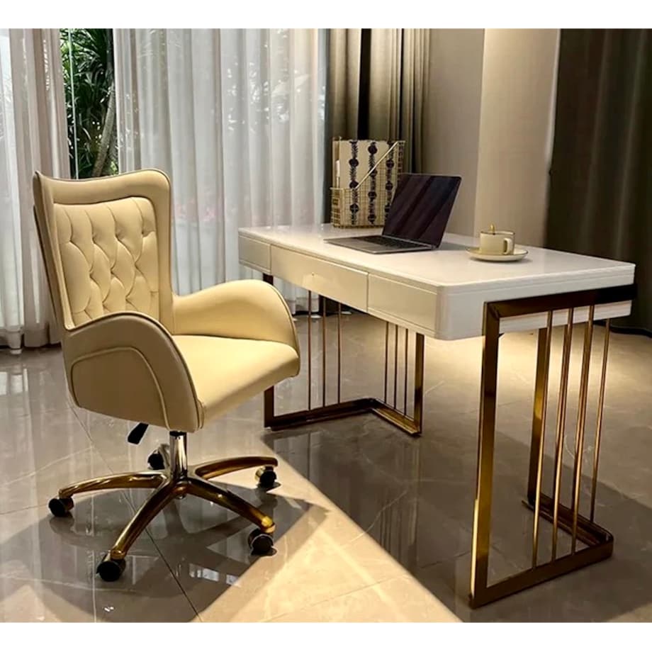 Nowoczesne białe złote biurko do gabinetu / do biura ze stali nierdzewnej Luxury Premium 140x70x75 / 2 szuflady