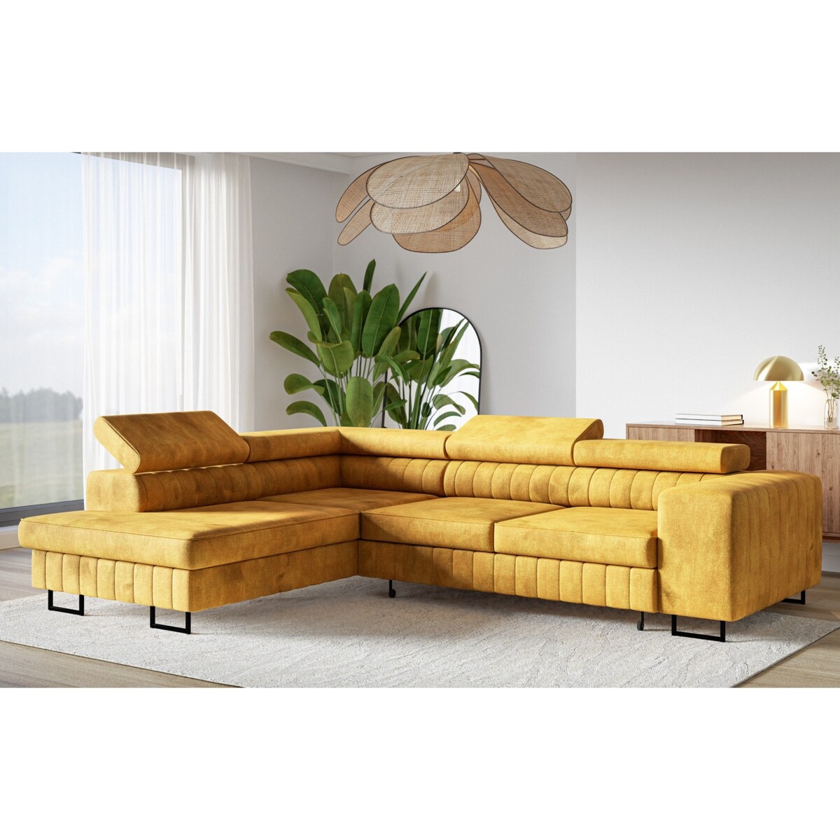 Narożnik NOLA do salonu, regulowane zagłówki-lewostronny- Terra musztardowy