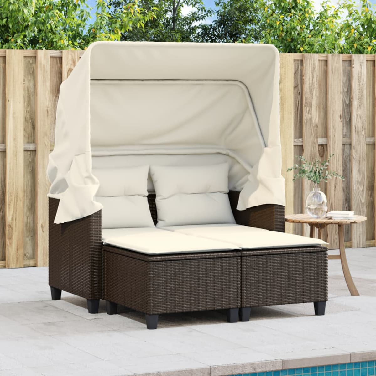 vidaXL 2-os. sofa ogrodowa, daszek i podnóżki, brązowa, rattan PE