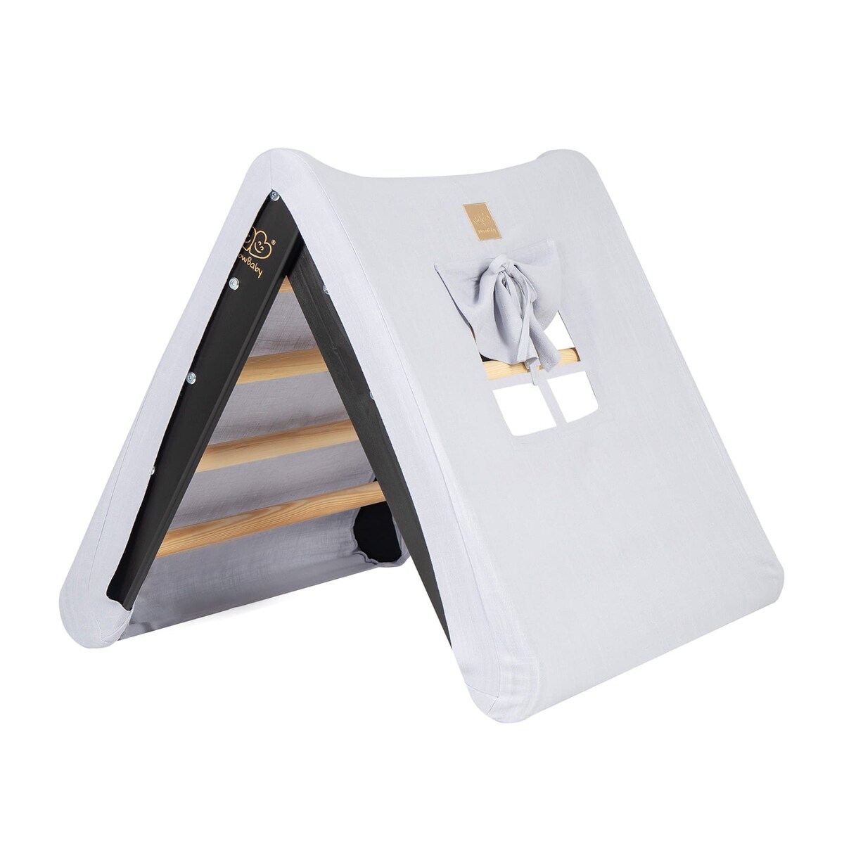 Domek z Drabinką dla Dzieci 60x61cm, Drewno, Len, Wiskoza, Szaroniebieski Domek, Czarna Drabinka