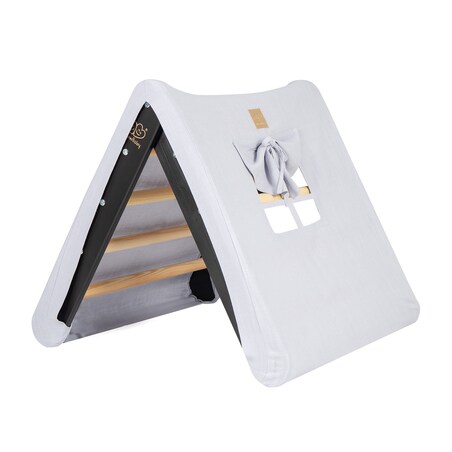 Domek z Drabinką dla Dzieci 60x61cm, Drewno, Len, Wiskoza, Szaroniebieski Domek, Czarna Drabinka