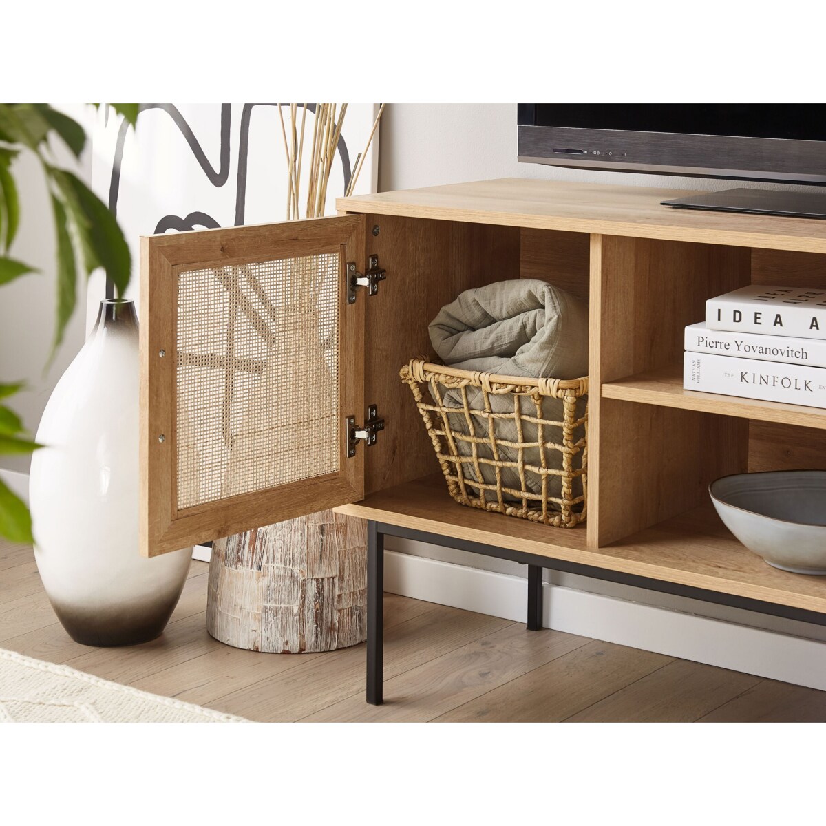 Szafka RTV z frontem rattanowym jasne drewno PASCO